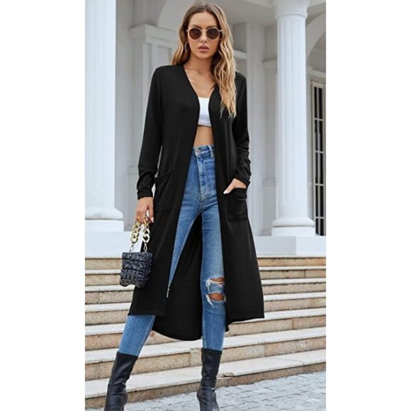 Arolina Sweaters - Long Open Front Cardigan Sweater M Black Lightweight Pockets Stretch Knit